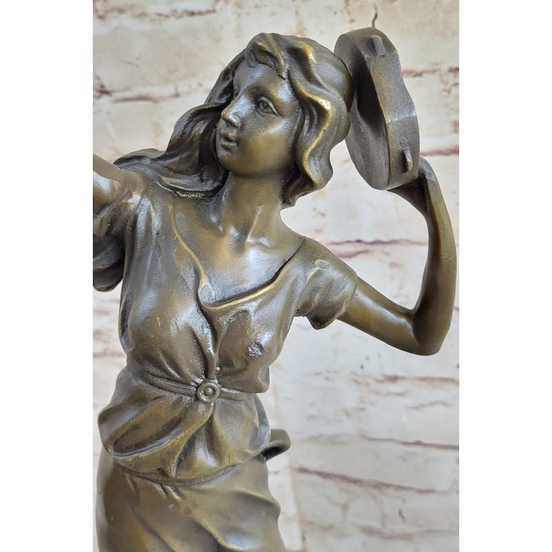 Girl Playing Tambourine Bronze Statue Sculpture Figure Musical Decor 20 Inches X 9 Inches