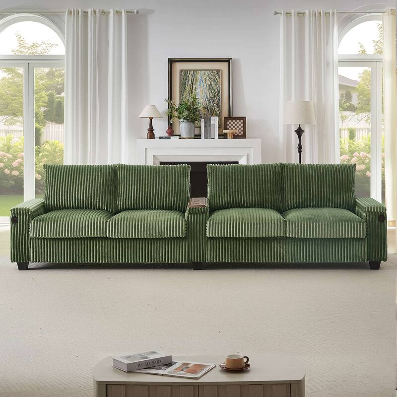 133" Modern 4-Seater Corduroy Sofa Couch with USB Ports, Cup Holders