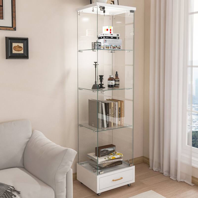 Modern Glass Display Cabinet with Drawer and LED lights for Living Room and Bedroom