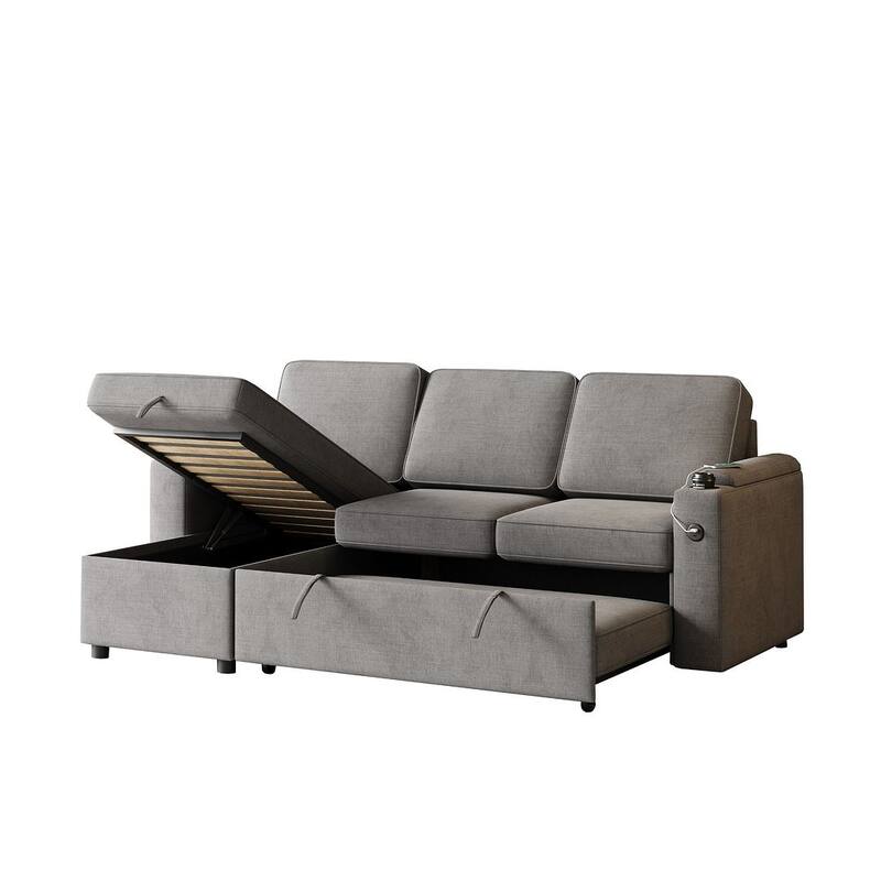 85.8" Upholstery Sleeper Sectional Sofa Pull Out Sofa Bed with Storage Space