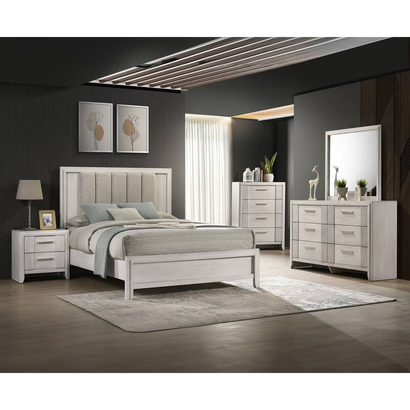 Queen Size Upholstered Bed with Plush Headboard in Mist White Finish