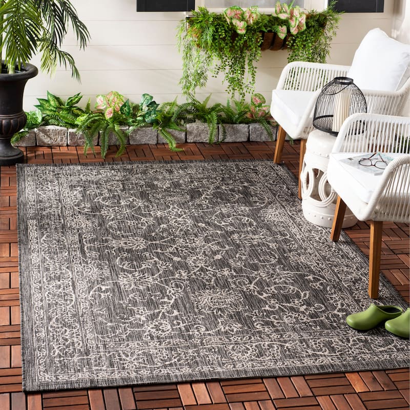 SAFAVIEH Courtyard Aquata Indoor/ Outdoor Waterproof Patio Backyard Rug - 5'3" x 7'7" - Black/Ivory