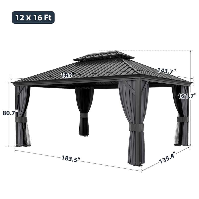 12x16ft Outdoor Double-Roof Aluminum Gazebo with Curtains and Mosquito Netting