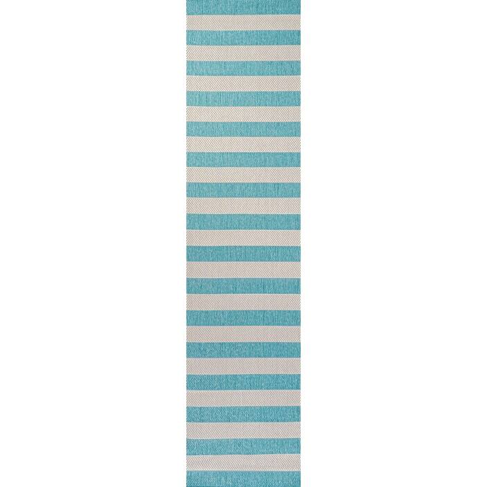 JONATHAN Y Vinales Two-Tone Wide Stripe Indoor/Outdoor Area Rug - 2 X 8 - Aqua/Cream