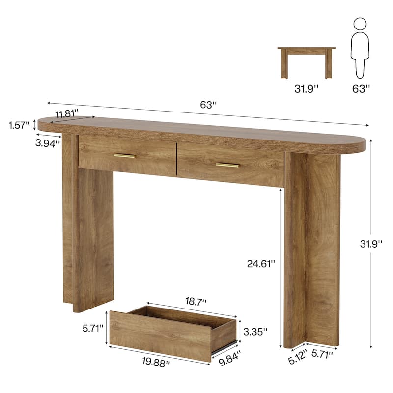 63-Inch Console Table with 2 Drawers, Farmhouse Curved Entryway Table
