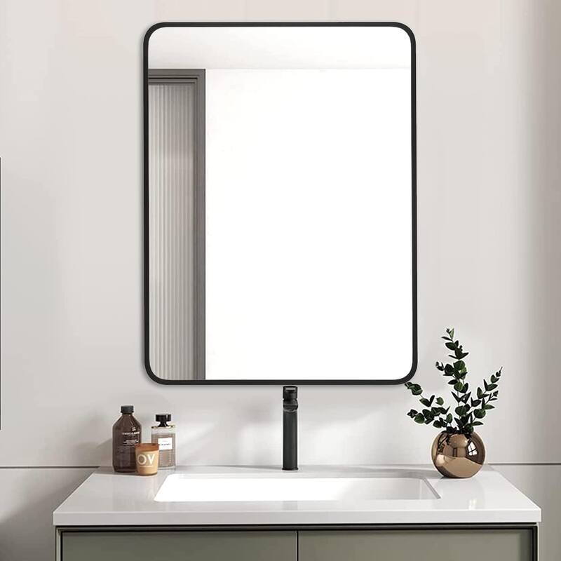 24x32 Inch Silver Metal Framed Rectangular Bathrrom Mirror for Wall - Black