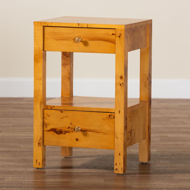 Azmi Modern and Contemporary Natural Light Mappa Real Burl Wood 2-Drawer Nightstand