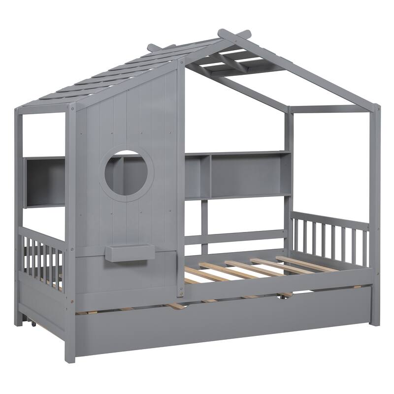 Wooden Platform Bed with Trundle & Storage Shelf