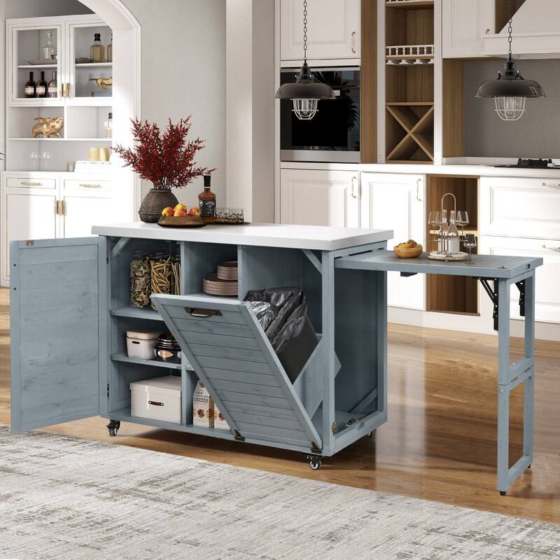 78.3" Outdoor Kitchen Island with Extendable Table, Trash Can Storage and Stainless Steel Top for BBQ Cooking