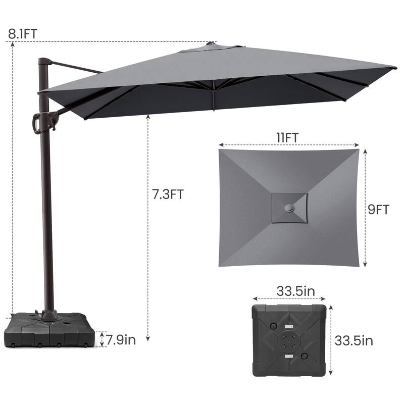 9 x 11 ft Patio Cantilever Offset Umbrella 360-degree Rotation with Base