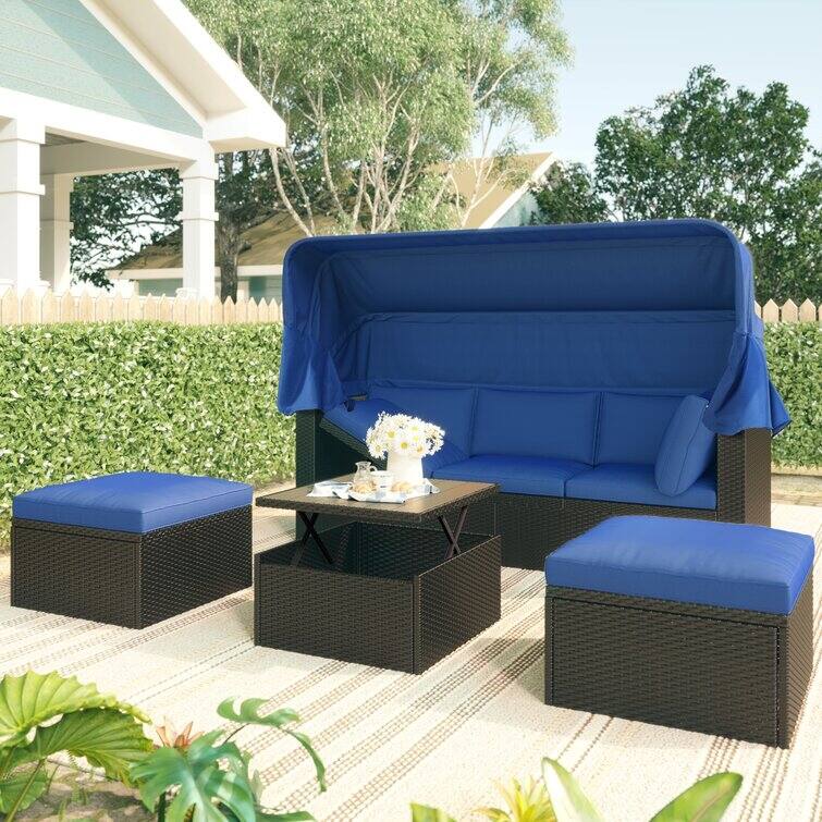 Outdoor Patio Rectangle Daybed with Retractable Canopy with Cushions