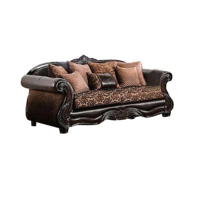 Chenille Sofa with Intricate Wood Trim Design in Brown