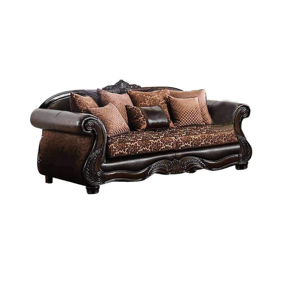 Chenille Sofa with Intricate Wood Trim Design in Brown