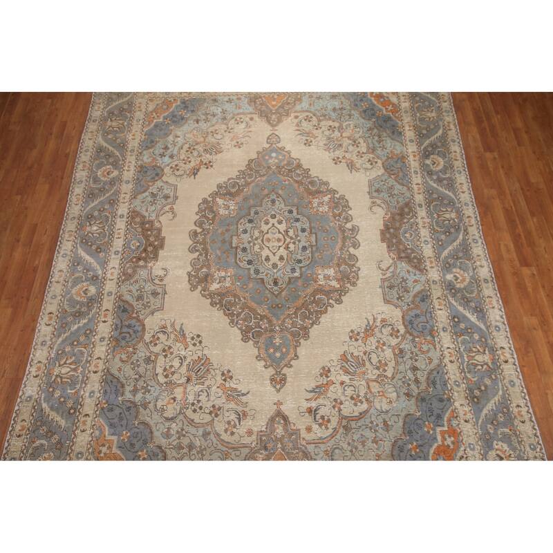 Hand Knotted Oriental 100% Wool Carpet Traditional Medallion Beige & Ivories Tabriz Area Rug - 12' 10'' X 9' 2''