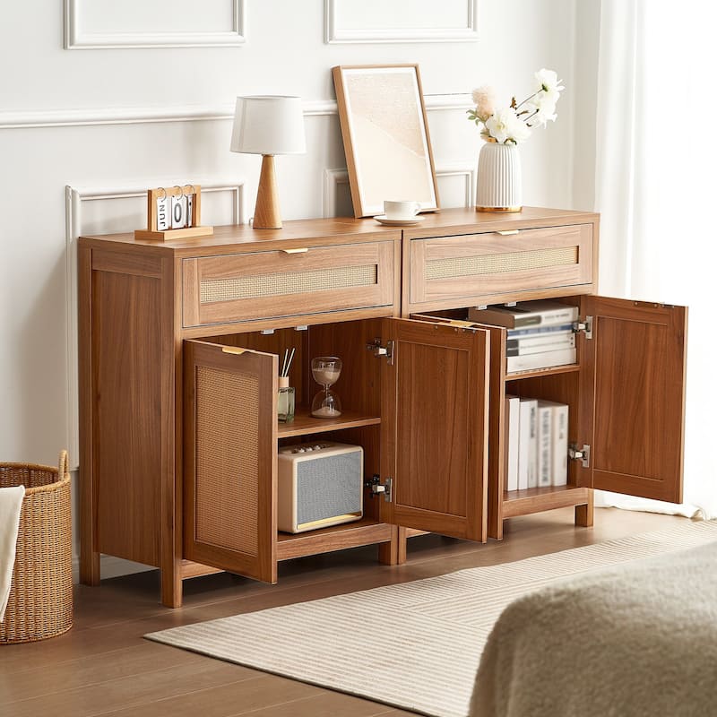 Buffet Cabinet, Rattan Cabinet with Storage 90inch, Storage Cabinet with 6 Magnetic Doors and Adjustable Shelves Set of 3, Side