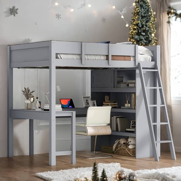 slide 2 of 16, Full Size Loft Bed with Desk and Shelf,Twin Multi-Functional Children's Wooden Loft Bed,Gray Gray