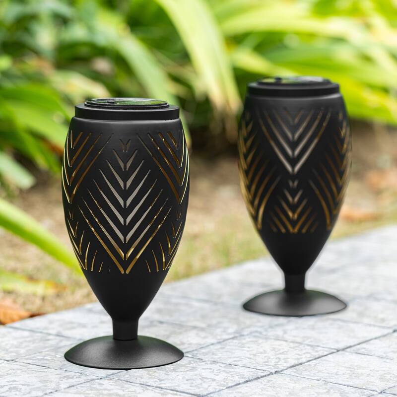 Glitzhome 8.75"H Set of 2 Black Metal Cutout Geometric Pattern Solar Powered Outdoor Lantern with LED Light - A