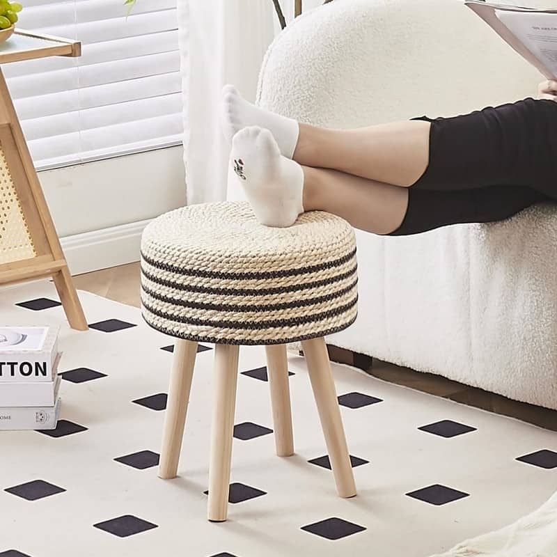 Footstool Ottoman Round with Solid Wood Legs