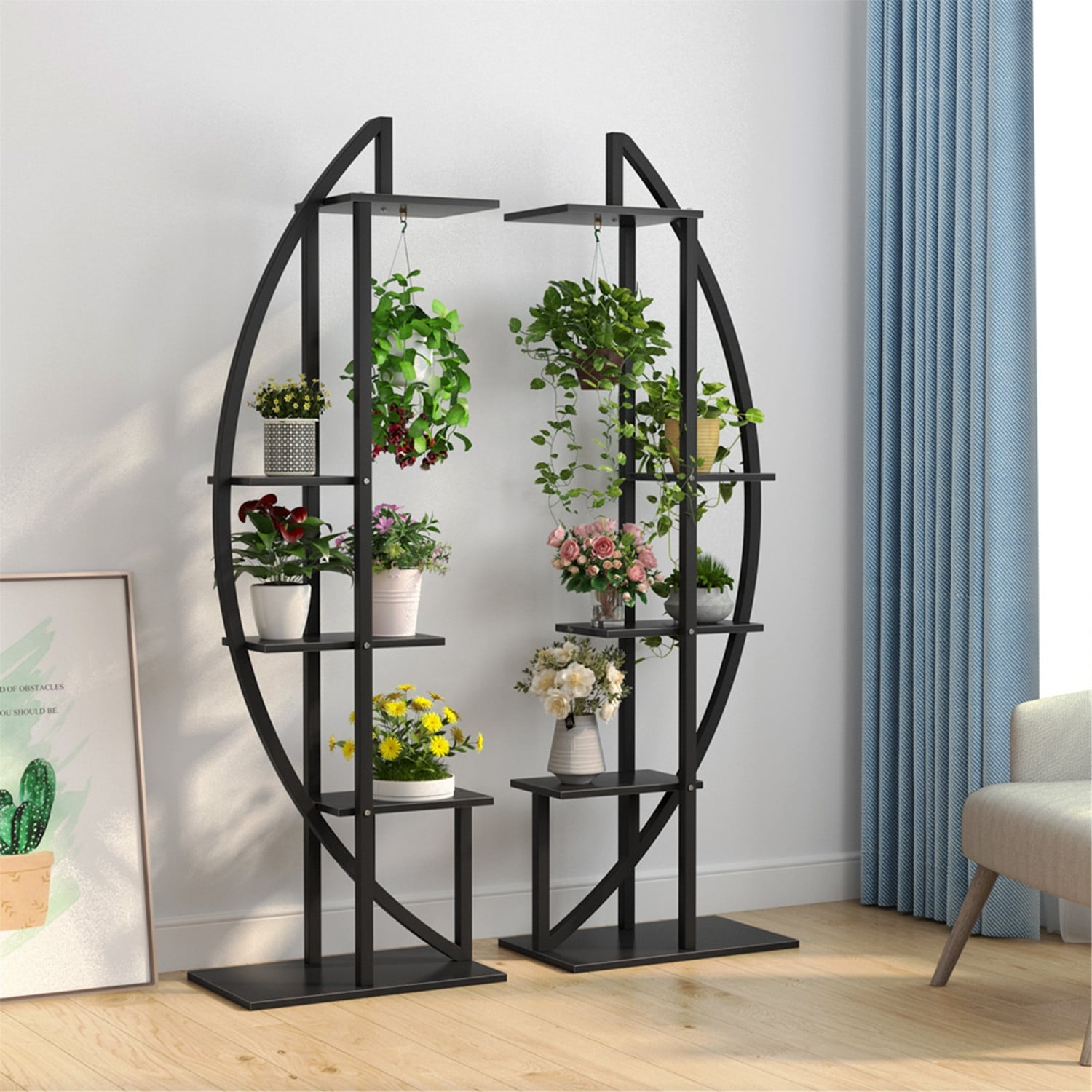 5-tier Flower Rack Plant Stands Wooden Display Shelf, Half Moon Flower Table (Set of 2)