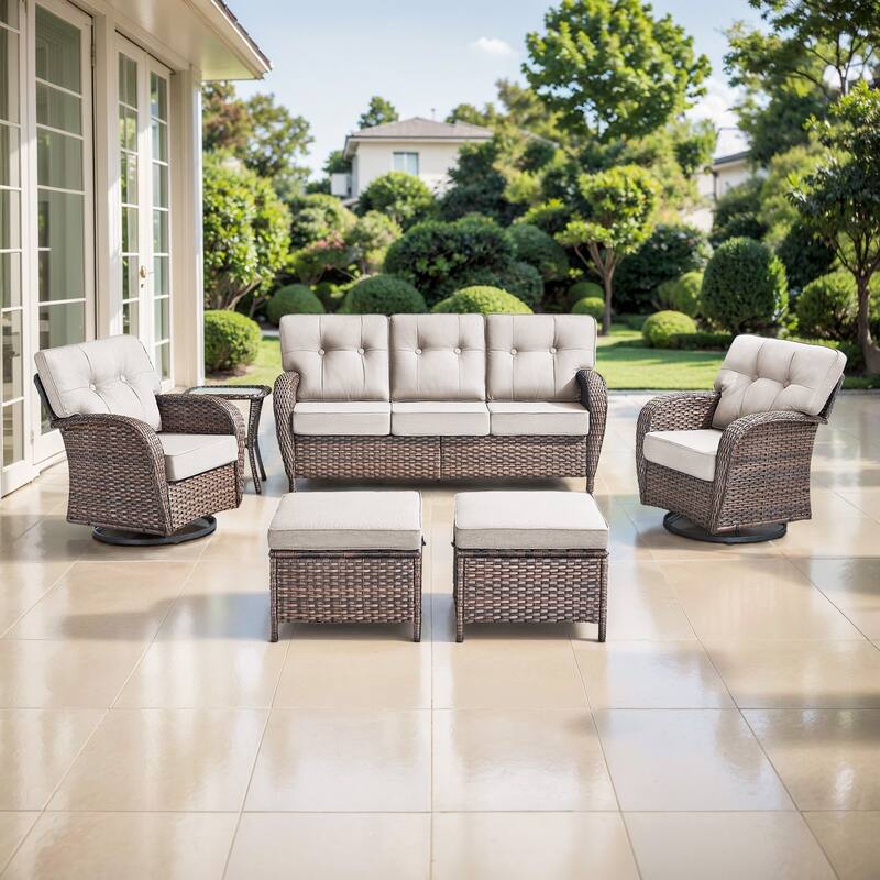TWrap 6-Piece Patio Brown Wicker Sofa Conversation Set with 5-Inch Thick Cushions - Brown/Beige - 6-Piece