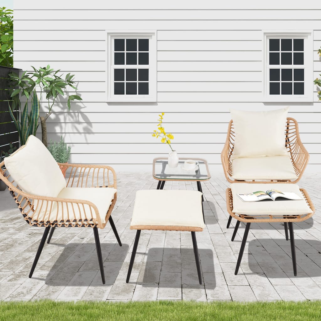 5 Piece Patio Bistro Set with Ottoman, Outdoor Wicker Furniture Sets