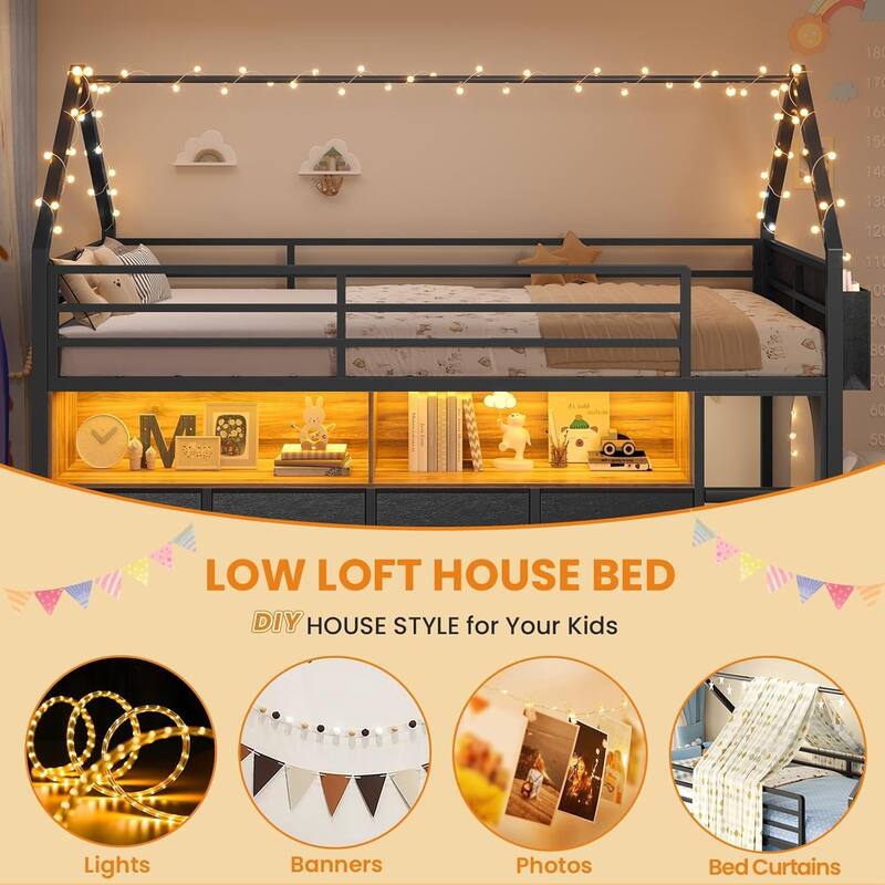 House Low Loft Bed Twin Size Storage Drawers Bookcase LED Lights