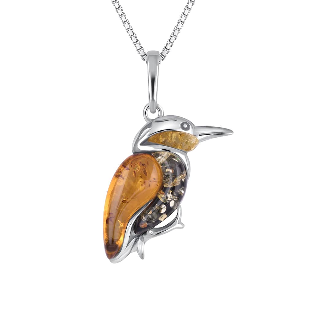 Baltic Amber Bird Pendant Necklace in Sterling Silver
