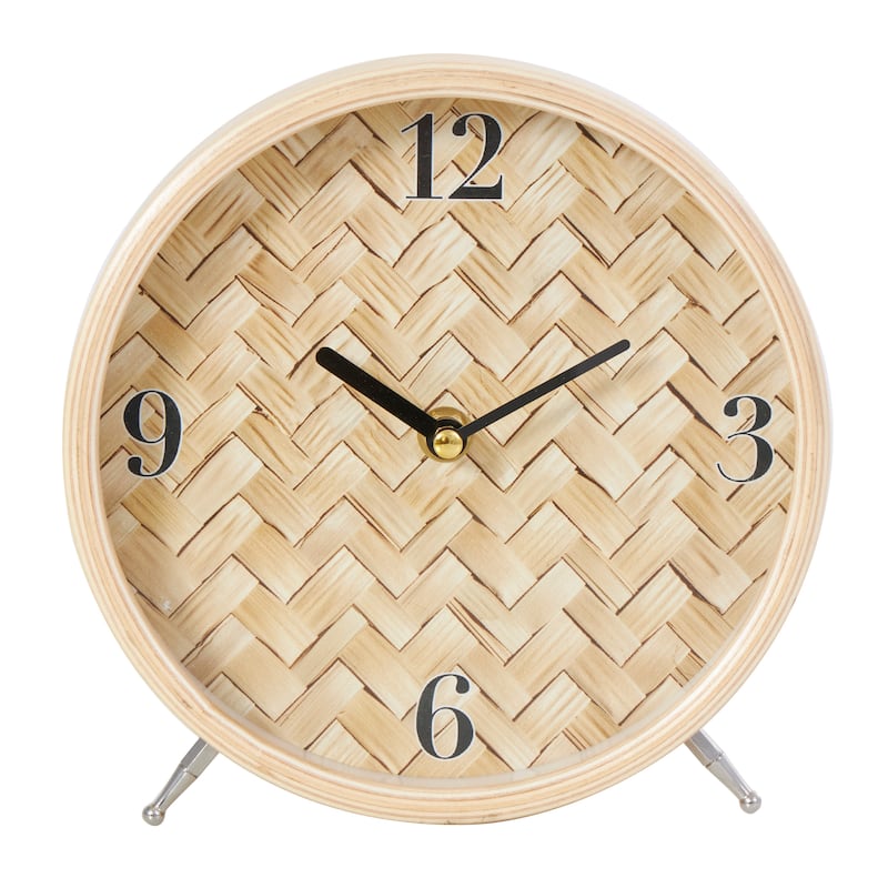 Light Brown Wood Woven Clock Chevron Patterned or White Frame with Silver Legs