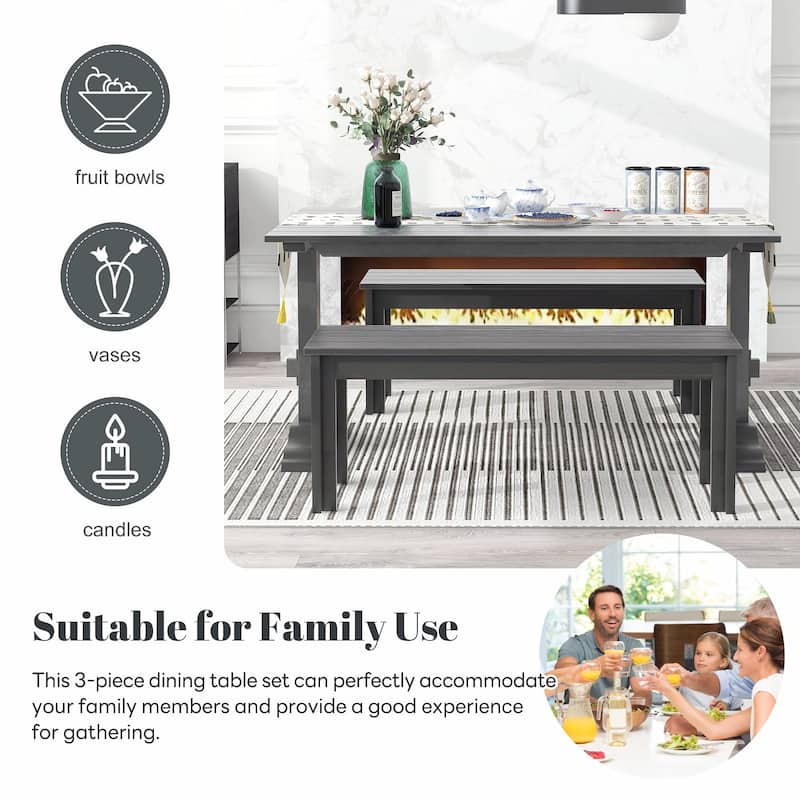 3-Piece Retro Dining Set - Rectangular Trestle Table with 2 Benches