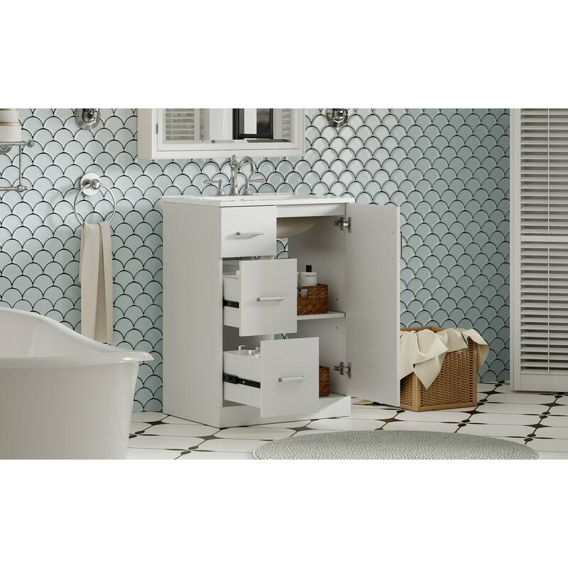 GDFStudio - Elmbrook Modern Bathroom Vanity with Ceramic Sink and 2 Storage Drawers & Soft-Closing Door - 24'W