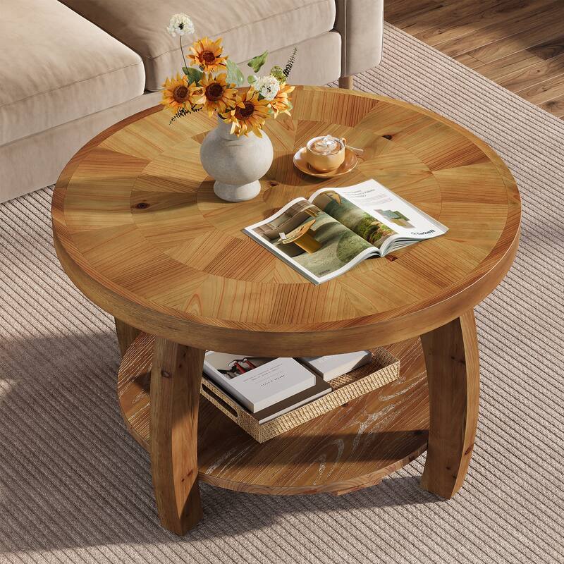 31.5 Inch Round Solid Wood Coffee Table with Storage Shelf for Living Room - 31.5"D x 31.5"W x 19.7"H