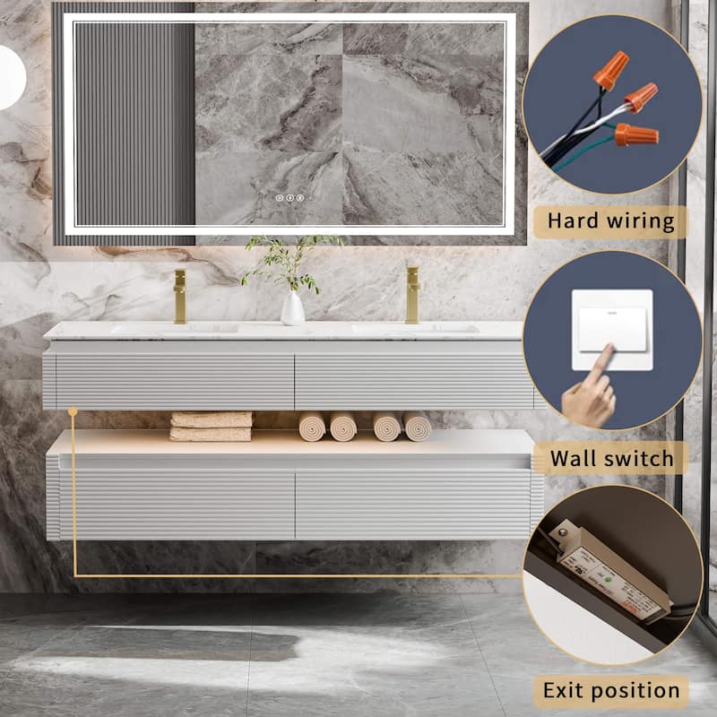 Modland 60" Modern Wall-Mounted Double Sink Bathroom Vanity with Engineered Stone Countertop, Soft-Close Drawers