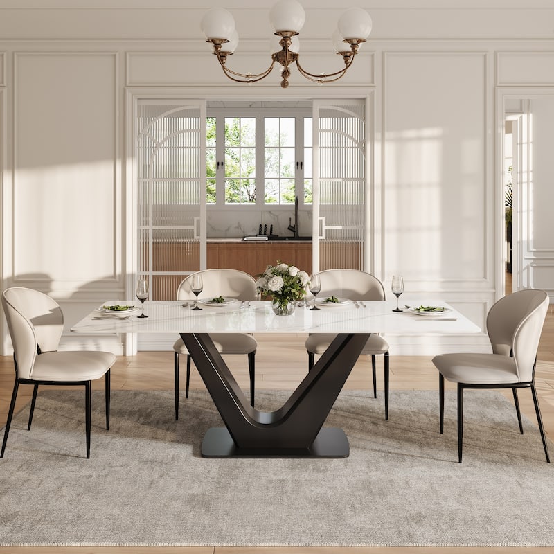 71'' Modern Rectangular Dining Table for 6, White Glossy Sintered Stone top with Gold Stainless Steel Legs - White & Black