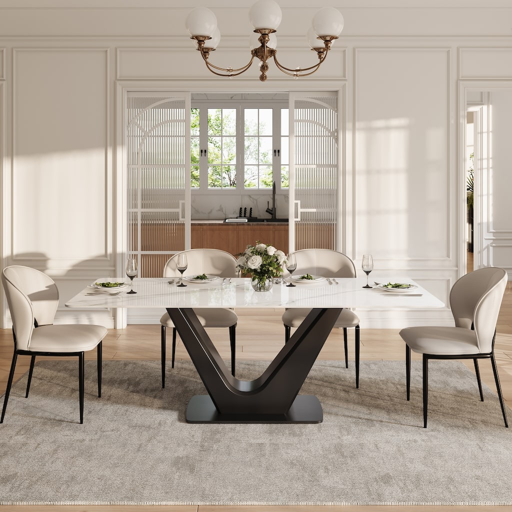 71'' Modern Rectangular Dining Table for 6, White Glossy Sintered Stone top with Gold Stainless Steel Legs
