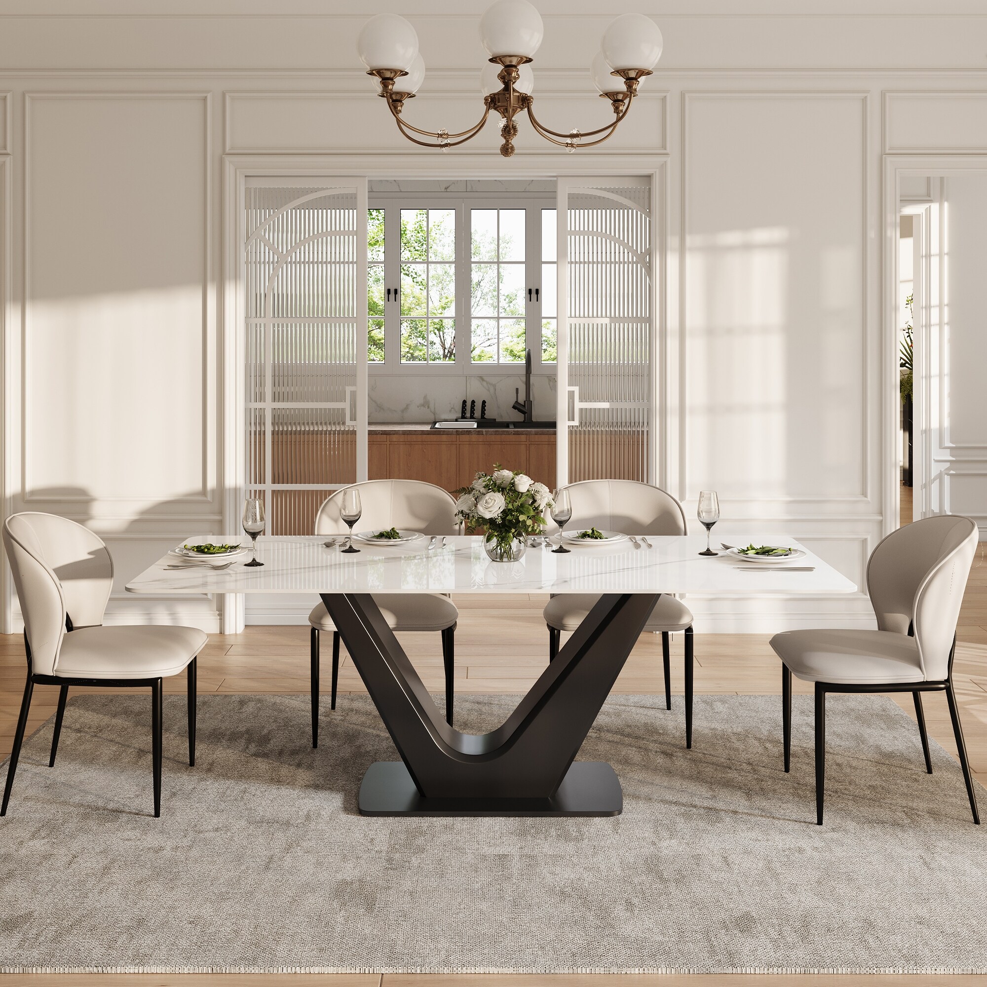 【pepe】PRINCESS Table GrillStone Beige 71'' Modern Rectangular Dining Table for 6, White Glossy Sintered