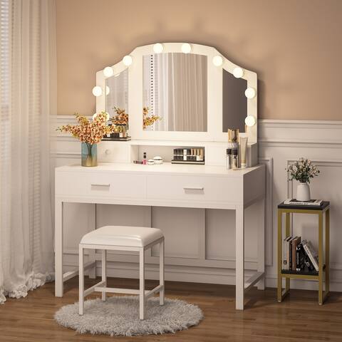 Vanity Set Dressing Table with ighted Mirror and 4 Drawers - White/gold