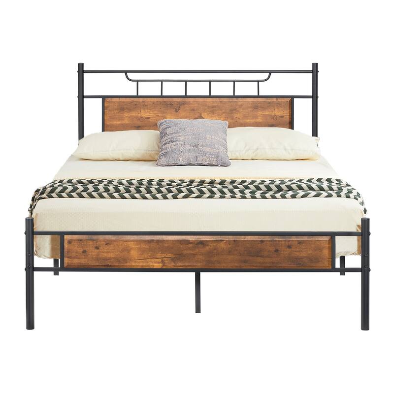 VECELO Industrial Bed Frame with Wood Headboard,Twin/Full/Queen Size Bed, Black/Brown/Slate-3 colors