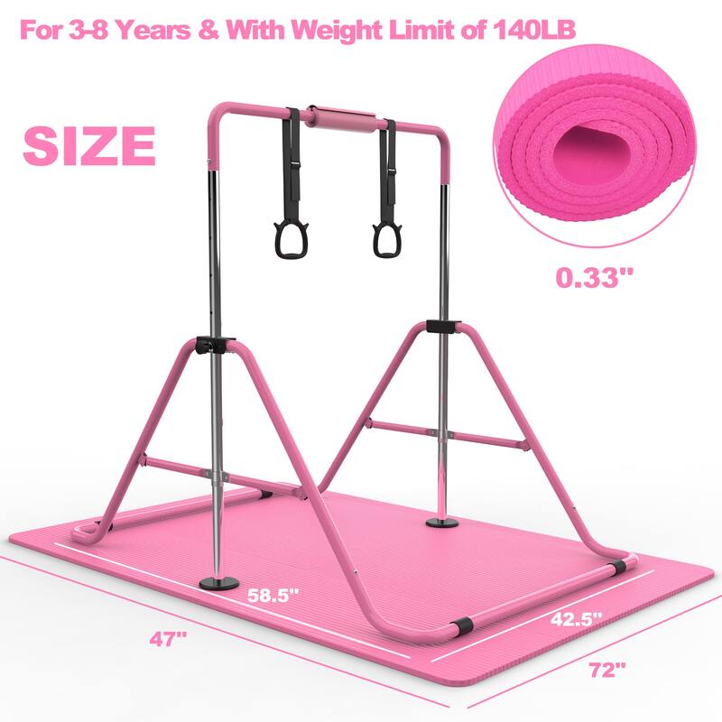 Gymnastics Bar for Kids, Gymnastics Horizontal Bar with Adjustable Height Foldable Training Bar with Mat for Home Practice