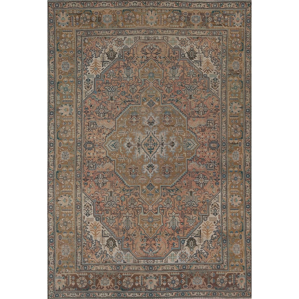 Geometric Tabriz Vintage Area Rug Hand-Knotted Wool Carpet - 6'8" x 9'7"