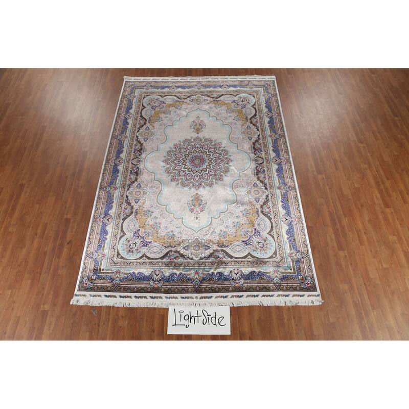 Victorian Style Qum Turkish Area Rug Beige Machine Made Carpet - 7'8" x 11'1"