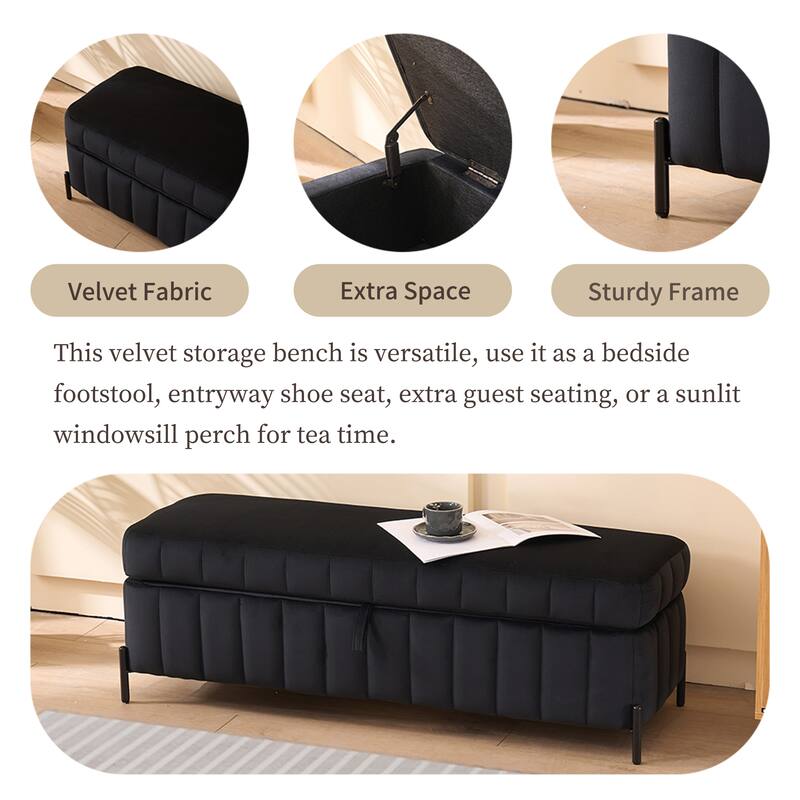 Velvet Storage Bed Bench with Hidden Compartment, Black Legs, 275LB