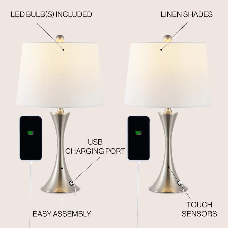 Makena 22.75" Modern Glam Iron Hourglass LED Table Lamp with USB Charging Port, (Set of 2) by JONATHAN Y