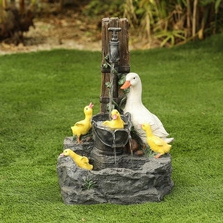 Resin Duck Family and Water Faucet Outdoor Patio Fountain