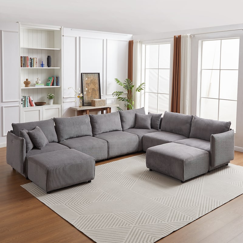 Modern Minimalist Corduroy Combination Sofa,with USB & C Charging Ports,Two Sets聽