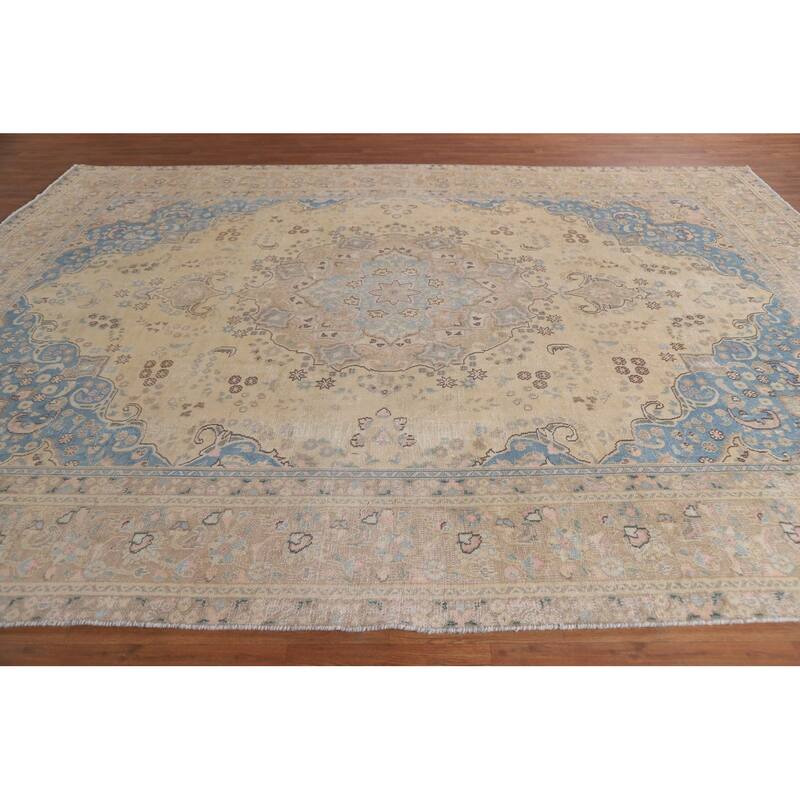 Hand Knotted Oriental 100% Wool Carpet Traditional Floral Yellow & Gold Mashad Area Rug - 11' 11'' X 9' 5''