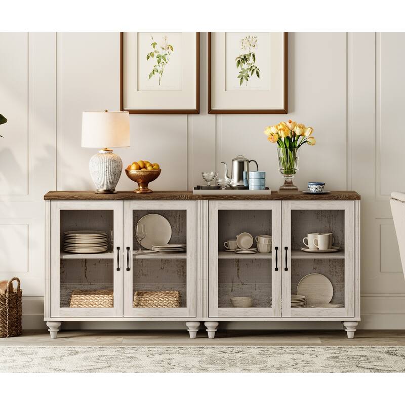 Kitchen Sideboard Buffet Cabinet, Glass Display Cabinet with Storage - 68 Inch - Rustic White