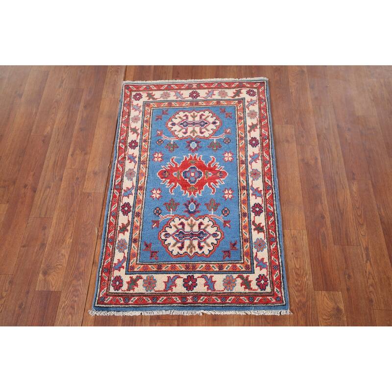 Geometric Blue Kazak Accent Rug Handmade Wool Carpet - 2'0" x 3'1"