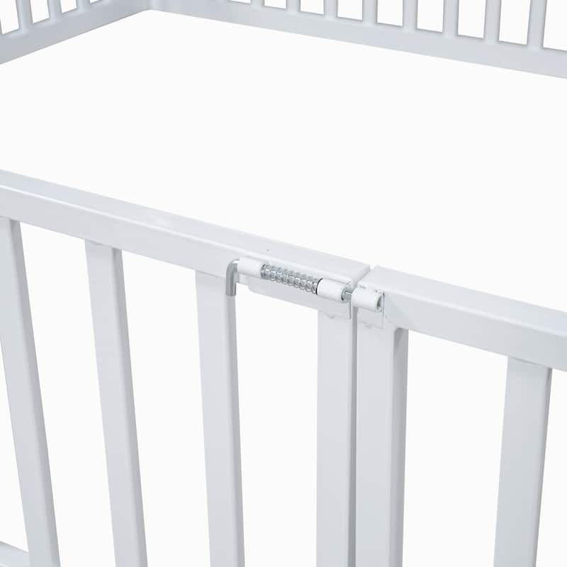 Full Size House Design Platform Bed, Metal Floor Bed Frame with Fence, Door and Roof, No Box Spring Needed for Bedroom