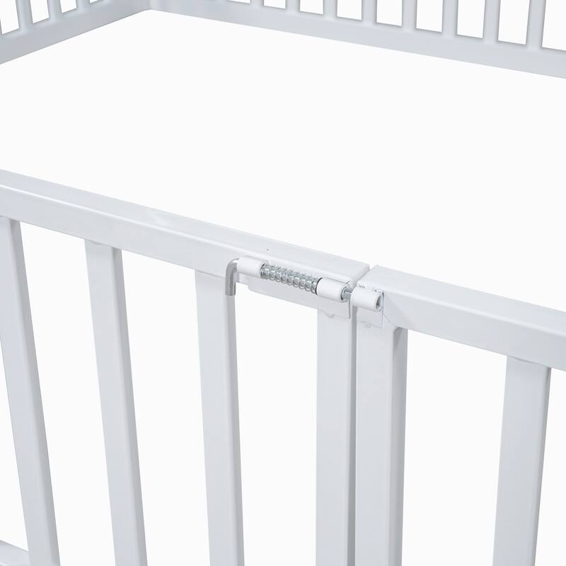 White Twin Size Metal House Bed with Fence and Play Door for Kids