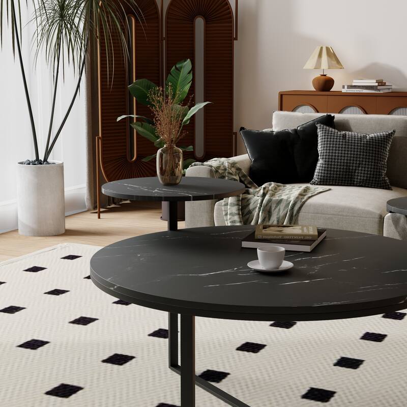 Modern Coffee Table with Two Display Shelves, Black Faux marble surfaces, Tripod-inspired base,Rounded tabletop edges